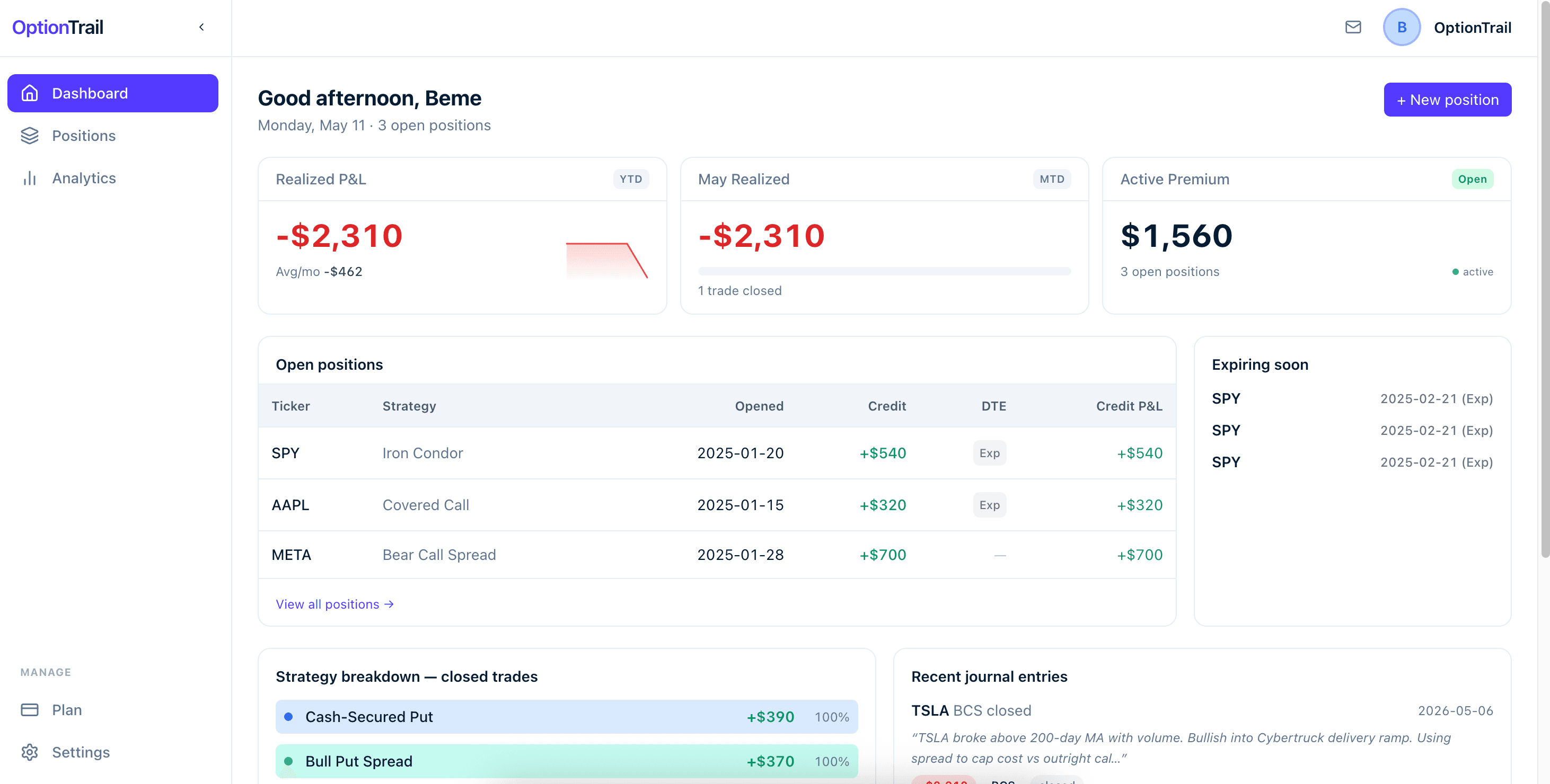 OptionTrail dashboard: the best options trading journal software 2026 showing how to track options trades and P&L